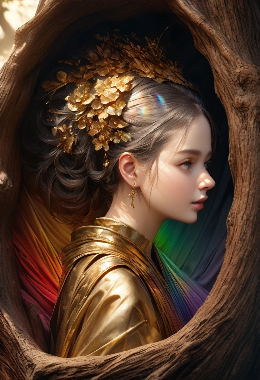 tribute to famous paintings, painted with gold, silver and rainbow threads, background It is displayed on the trunk of a large tree, shading effects, gradation magic effects, (ultra detailed, absolutely resolution, best quality:1.3), 2.5D, delicate and dynamic, artistic photography, hyper realistic, graphic CG digital art