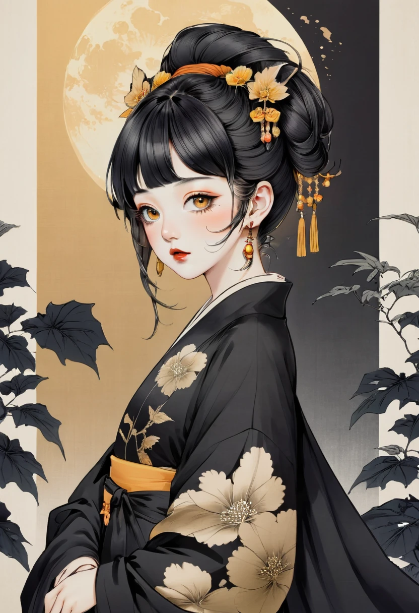 (best quality, sketch:1.2),realistic,illustrator,anime,1 girl, detailed lips, kimono,custom, black and gold gradient background,neon hair,textured cropping, masterpiece, style retro classic, noir style 、An illustration、art、70s horror movie posters, Supervised by Junji Ito、High detail, Realistic Shadows、Analog Style, chromatic aberration, Surrealism、Complementary Gradient