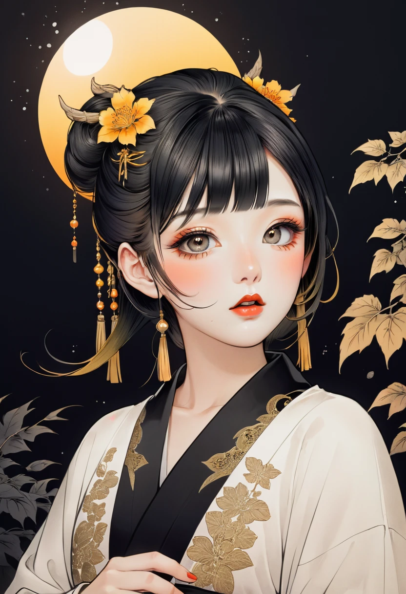 (best quality, sketch:1.2),realistic,illustrator,anime,1 girl, detailed lips, kimono,custom, black and gold gradient background,neon hair,textured cropping, masterpiece, style retro classic, noir style 、An illustration、art、70s horror movie posters, Supervised by Junji Ito、High detail, Realistic Shadows、Analog Style, chromatic aberration, Surrealism、Complementary Gradient