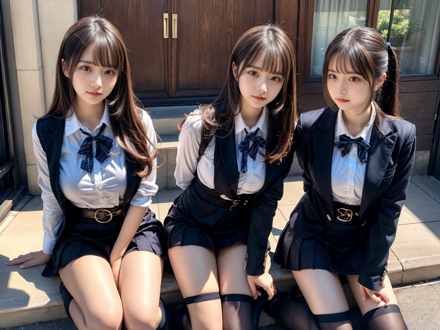 (8K, Raw photography, top-quality, masterpiece:1.2), master piece, best quality, illustration, Super detailed, fine details, High resolution, 8K,wall paper, perfect dynamic composition,(Details High quality, realistic depiction of eyes:1.3), ((2 girls, 2 schoolgirls)), The background is a luxury hotel room、High school girl uniform、blazer 、Super Short Check Uniform Skirt、Navy blue high socks、garterbelts、Colossal tits、Disturbed uniform, Play with each other,Touching each other's bodies,Touching the body of the girl next door, short bob hair, black hair color, huge breasts, Big Natural Color Lip, bold sexy pose, (perfect body shape), crying a little、cold gaze, Beautiful makeup,glitter makeup,Cutest 18 years old, beautiful legs, hposing Gravure Idol, Voluptuous thighs