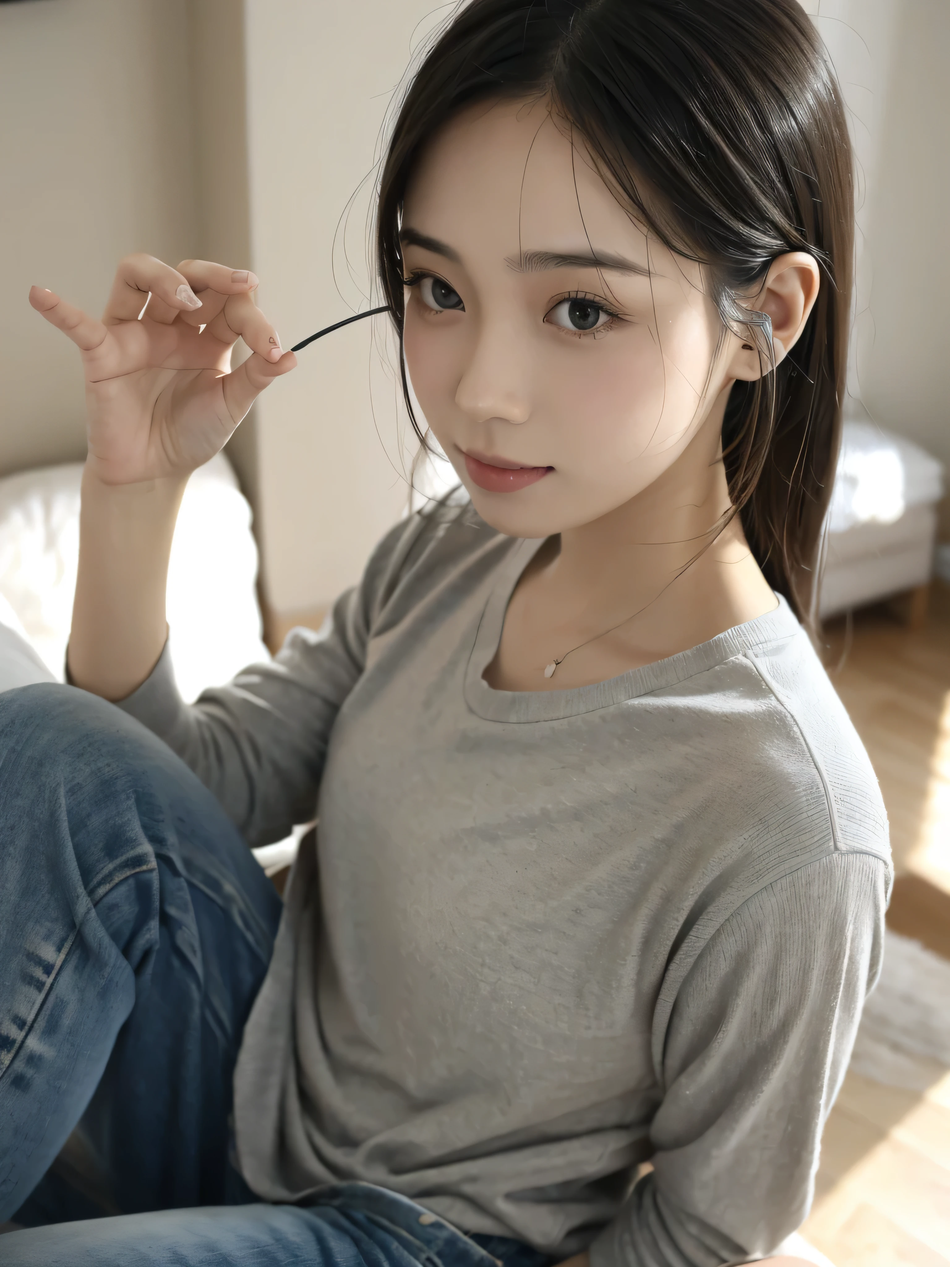 a cute asian, have headphone on her head, surprised expression on her face