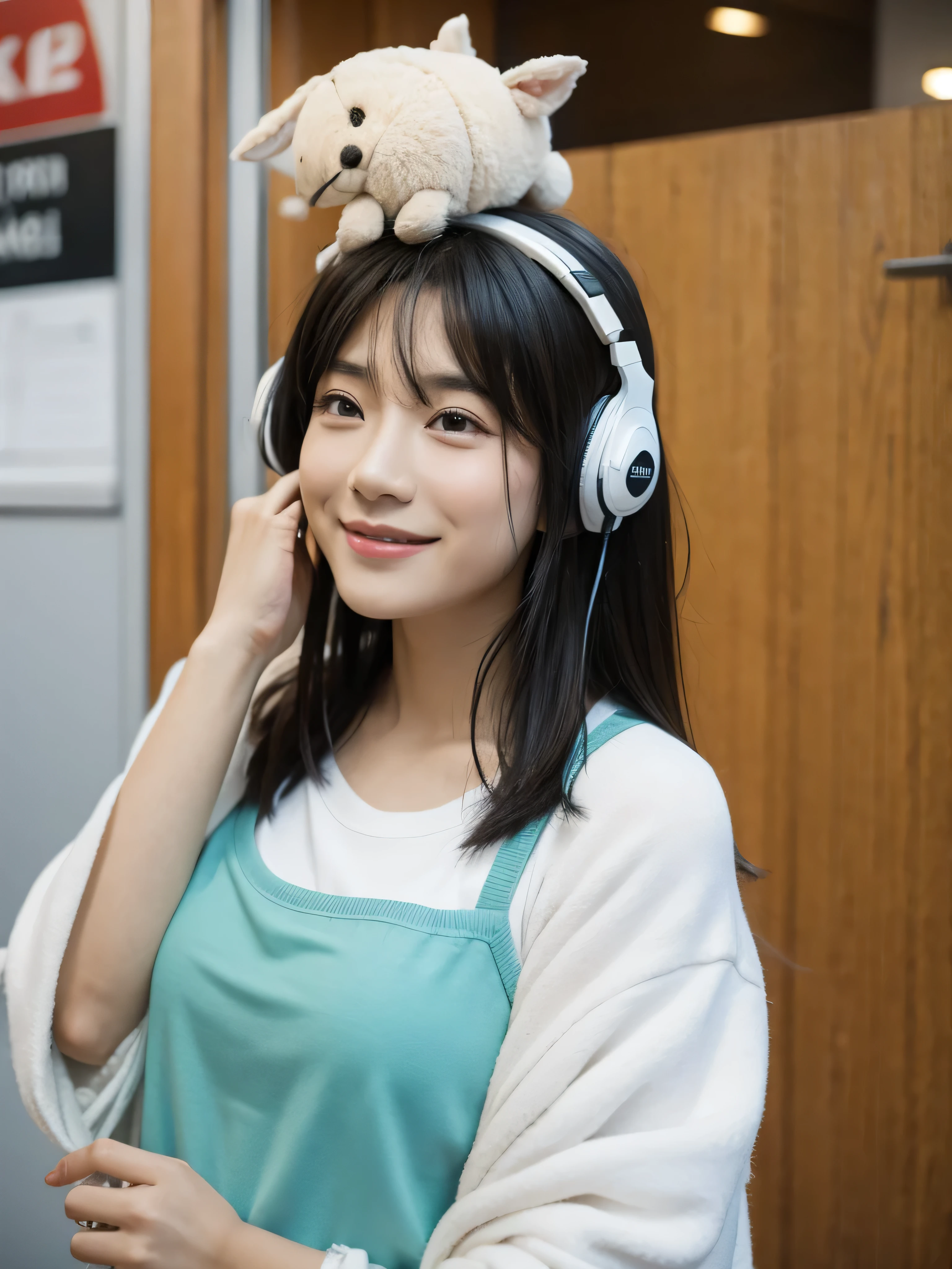 a cute asian, have headphone on her head, surprised expression on her face