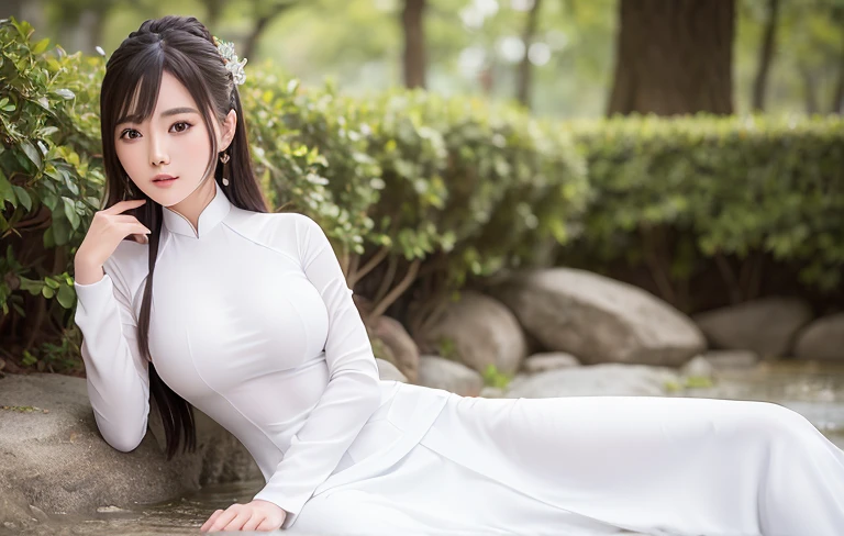 a close up of a woman in a white dress posing for a picture, a picture by Leng Mei, trending on cg society, beautiful south korean woman, ao dai, beautiful asian girl, a beautiful woman in white, korean woman, korean girl, in white clothes, beautiful young korean woman, beautiful asian woman, smooth white tight clothes suit, realism, high detail, masterpiece, accurate, textured skin, super detail, high details, award winning, best quality, 4K