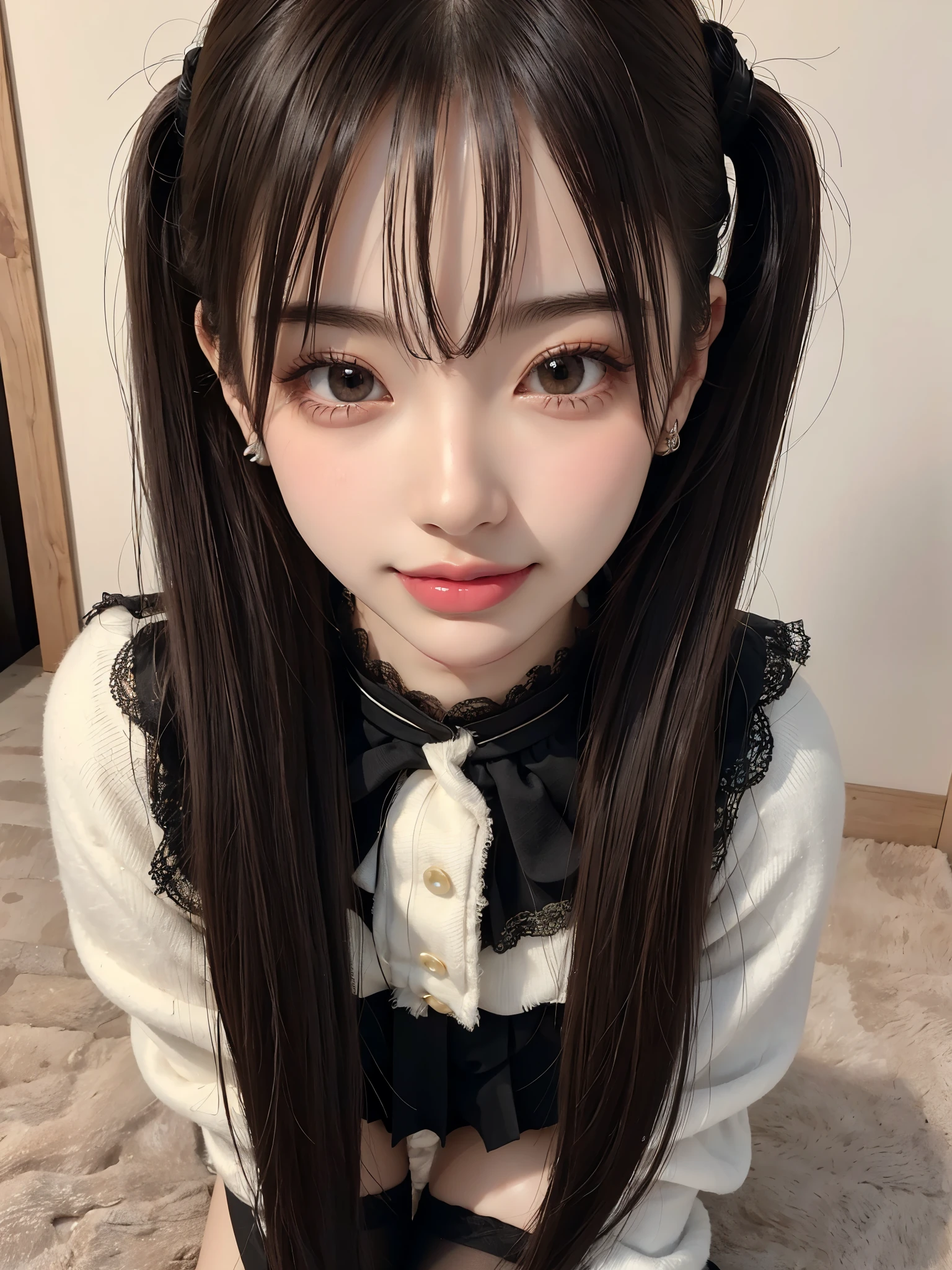 Kujikawa Def,Twin tails,,Seraph of the Black,Long sleeve,skirt,Knee socks,jewelry,Earrings,Are standing,
Highest quality, Very detailed, masterpiece, Absurd,8k,   photoRealistic, Realistic,Detailed skin texture,Detailed pupil,High resolution,Natural light,
One girl,alone,(Happy:1.1),(smile:1.2),short hair,Brown Hair,(Angular face:1.2),Shining Face,Large Breasts, Tight waist, Lip Makeup,