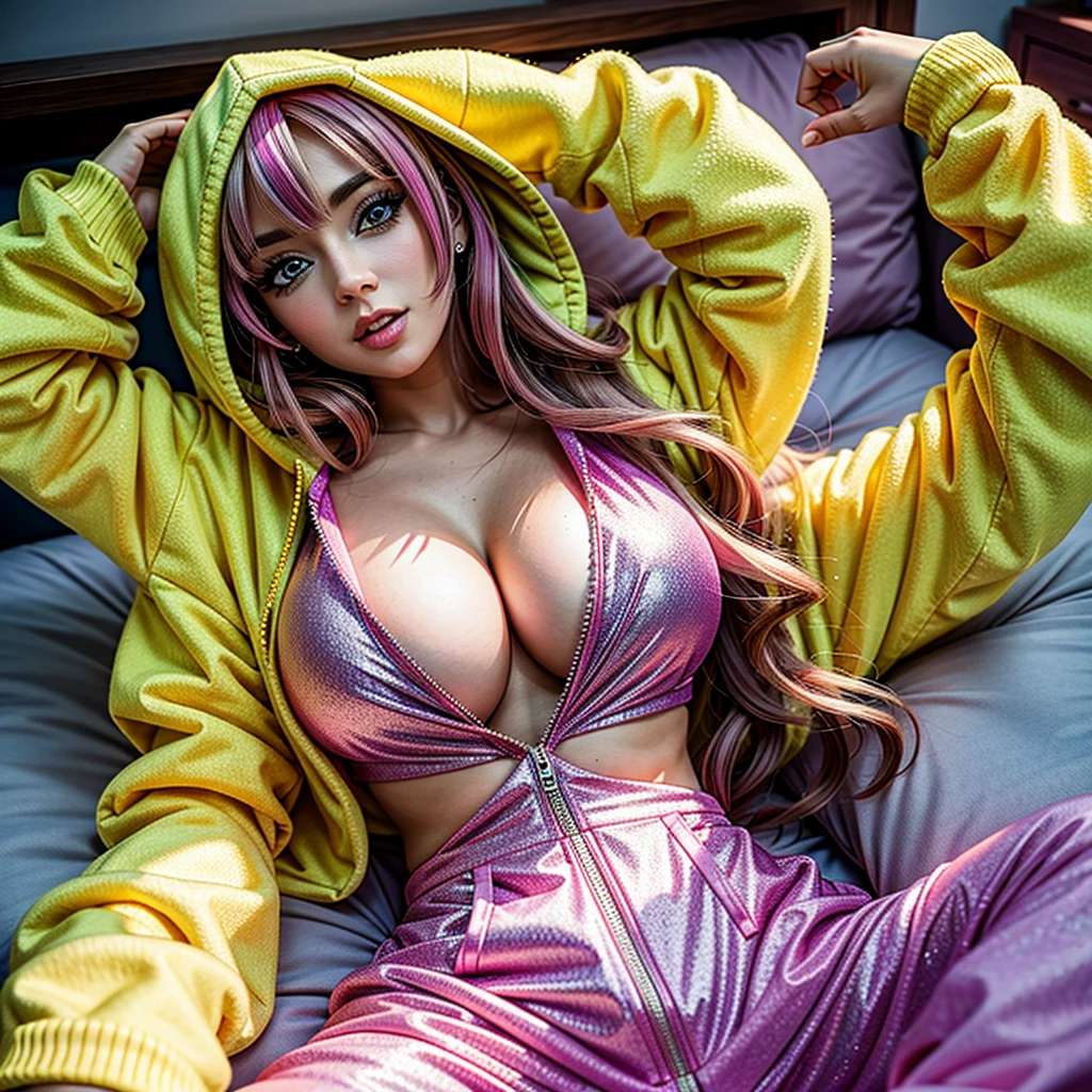 PUNIPUNI KAWAII, a beautiful Pink hair gamer girl, beautiful detailed Blue eyes with (Sparkling Highlights:1.28), beautiful detailed lips,extremely detailed eyes and face,longeyelashes,in a ((Pikachu(Yellow hoodie))) (Moe Sleeves:1.2), (Professional photo:1.37), Huge breasts (Overflowing Gigantic cleavage:1.28) close up down blouse, (perfect lighting) navel, Radiant PearlSkin with Transparency, Dynamic Joyful Expressions LifeLike Rendering, ((Lying Back from Directly Above:1.2)) bedroom