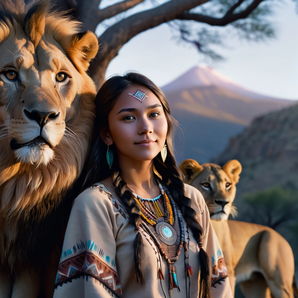 (grainy:0.5), cinematic, beautiful girl 25 year old,native american,fantasy,(solo:1.3), detailed eyes, detailed face, detailed native american clothing , volumetric lighting, dusk, extremely detailed background, standing next to tree and mountain, smiling, half closed eyes, tilted head, from side, sitting next to her lion