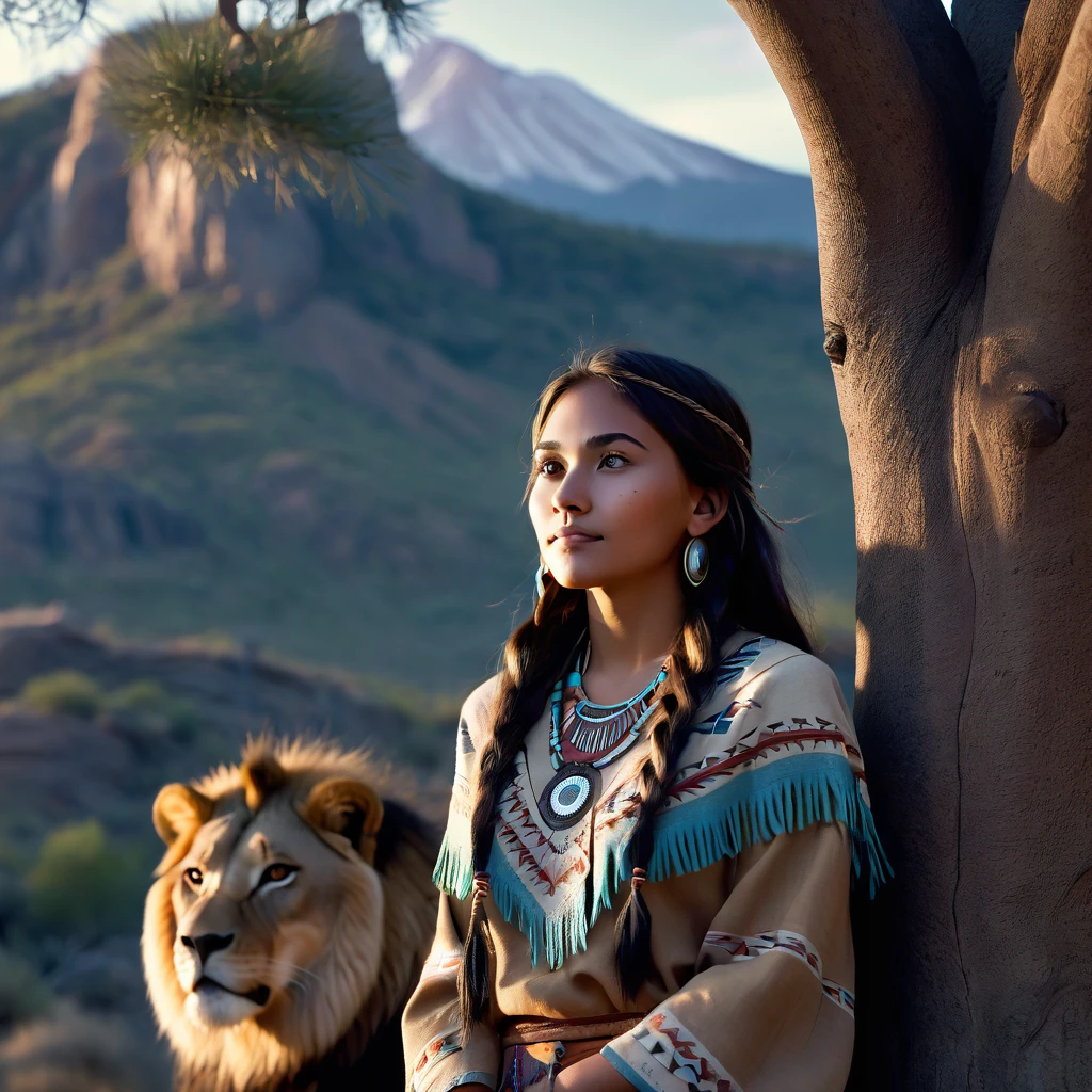 (grainy:0.5), cinematic, beautiful girl 25 year old,native american,fantasy,(solo:1.3), detailed eyes, detailed face, detailed native american clothing , volumetric lighting, dusk, extremely detailed background, standing next to tree and mountain, smiling, half closed eyes, tilted head, from side, sitting next to her lion