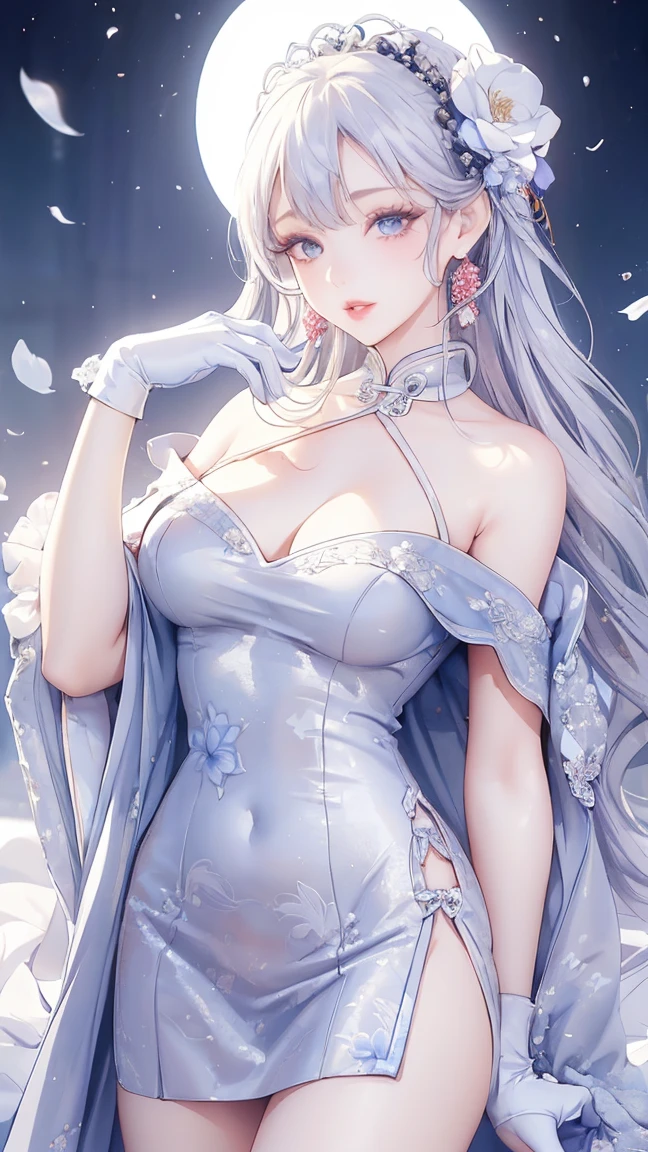 1 girl, (lo style: 1.5), bangs, lips, dress, long hair, blue eyes, high thighs, off shoulder, lo style Chinese dress, Chinese clothing, lipstick, realistic, rose, jewelry, earrings, curly hair, flower holding, gloves, elbow gloves, white gloves, makeup, white thighs, white hair, flower, standing,