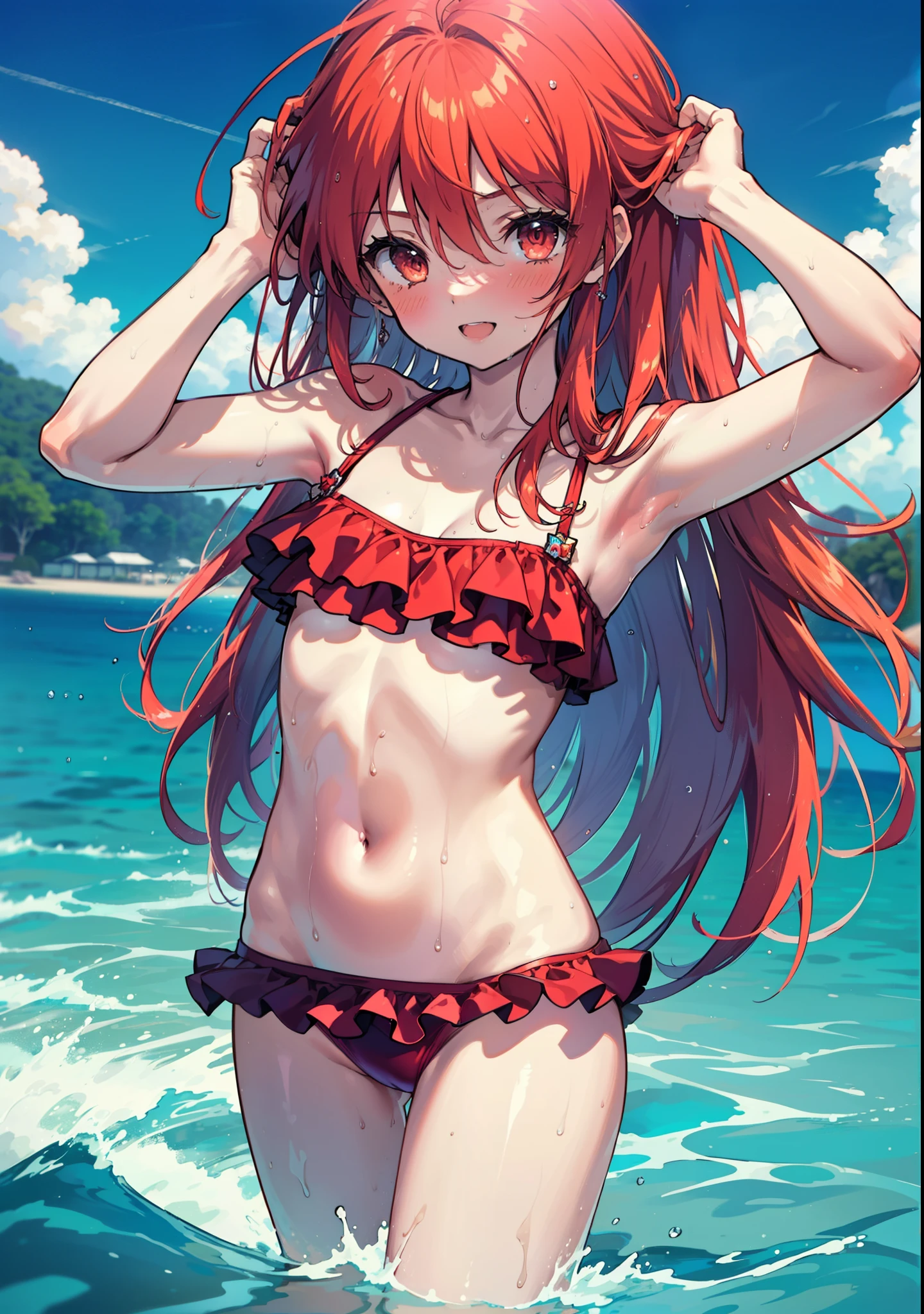 Shana,灼眼のShana,Long Hair, Red Hair, Red eyes, Ahoge,smile,blush,Small breasts,Open your mouth,Red bikini swimsuit with ruffles,barefoot,Wet Hair,Wet swimsuit,Wet Skin,Water Play,Daytime,Clear skies,True Summer,　　　　　　　　　　　　　　break outdoors, Ocean,Beach, 　　　　　　　　　　　　　break looking at viewer, whole body, (Cowboy Shot:1. 5) 　　　　　　　　break (masterpiece:1.2), Highest quality, High resolution, unity 8k wallpaper, (shape:0.8), (Beautiful attention to detail:1.6), Highly detailed face, Perfect lighting, Highly detailed CG, (Perfect hands, Perfect Anatomy),