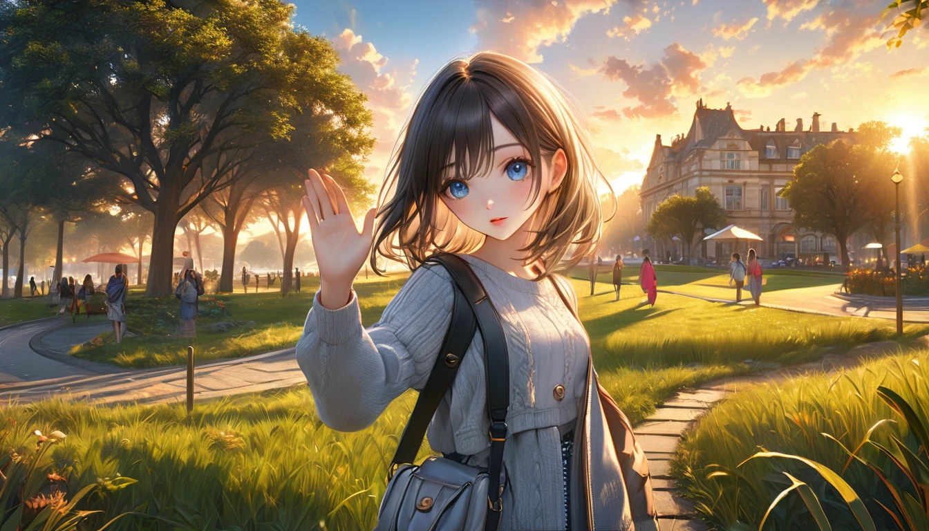 A young girl waving her hand, standing in a park during sunset, extremely far away shot, anime style, beautiful detailed eyes, beautiful detailed lips, extremely detailed face, long eyelashes, vibrant colors, golden hour lighting, atmospheric lighting, detailed clouds, detailed foliage, detailed grass, detailed buildings in the background, (best quality,4k,8k,highres,masterpiece:1.2),ultra-detailed,(realistic,photorealistic,photo-realistic:1.37)
