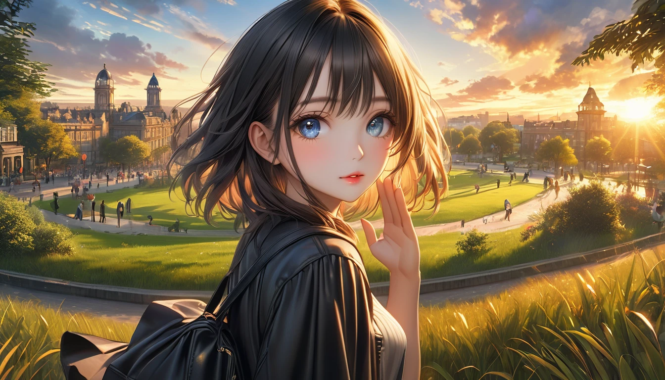 A young girl waving her hand, standing in a park during sunset, extremely far away shot, anime style, beautiful detailed eyes, beautiful detailed lips, extremely detailed face, long eyelashes, vibrant colors, golden hour lighting, atmospheric lighting, detailed clouds, detailed foliage, detailed grass, detailed buildings in the background, (best quality,4k,8k,highres,masterpiece:1.2),ultra-detailed,(realistic,photorealistic,photo-realistic:1.37)