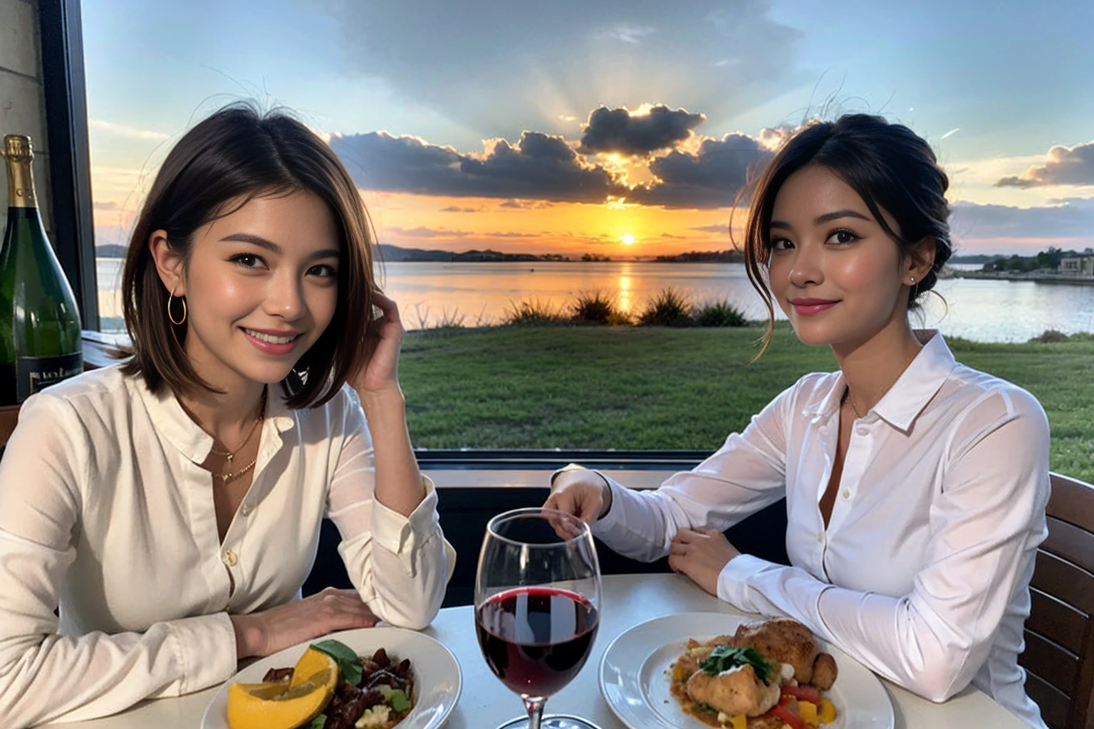 (Realistic:1.1),(masterpiece,Highest quality),8k,(49 years old), 53 years old, ベリーslimボディ、slimカップル、Tight waist,Upper Body,full-course dinner、wine 、Amazing view of the sunset sky and clouds、Perfect Anatomy, Brown Hair, short hair,Random Hairstyles,((Highly detailed face and eyes:1.2)),Perfect golden ratio face,Long sleeve shirt、dress,(smile:1.2)、Shortcuts、cute、(Realistic, Intricate details:1.2), A bright smile、short hair,Bright Face、赤wine 、Appetizers、Italian food、wine bottle、Champagne、スパークリングwine、(slimな顔), (The body is slim), (Brown Hair), (Shortcuts), Upper Body, 白wine, slim, wineグラス,
