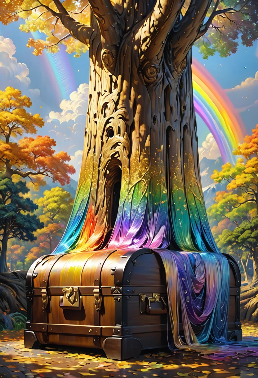 tribute to famous paintings, painted with gold, silver and rainbow threads, background It is displayed on the trunk of a large tree, shading effects, gradation magic effects, (ultra detailed, absolutely resolution, best quality:1.3), 2.5D, delicate and dynamic, artistic photography, hyper realistic, graphic CG digital art
