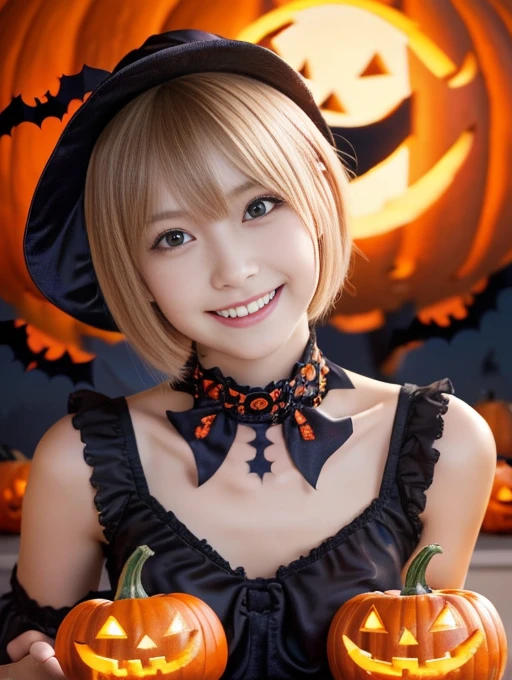 (table top,a 25 years old girl, detailed cutie face, beautiful balanced clear detailed eyes, detailed dropped eyes, ultra big smile, extremely detailed face,ultra slender body,short hair,anime style, (halloween costume):2.0), Highres fix,colorful lights, pumpkin decorations, haunted house, best quality, 4k, highres, masterpiece, realistic, photorealistic, photo-realistic, vivid colors, intricate details, fantasy, soft lighting, magical
