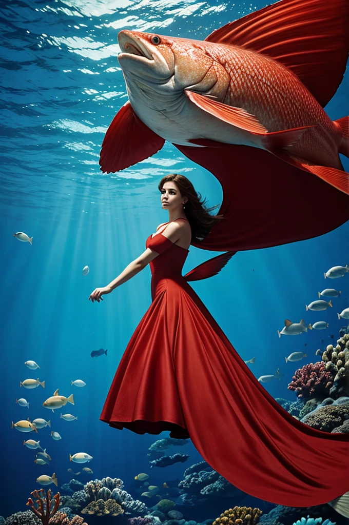 Photorealisic, A woman in red dress riding a gigantic fish under deep blue sea
