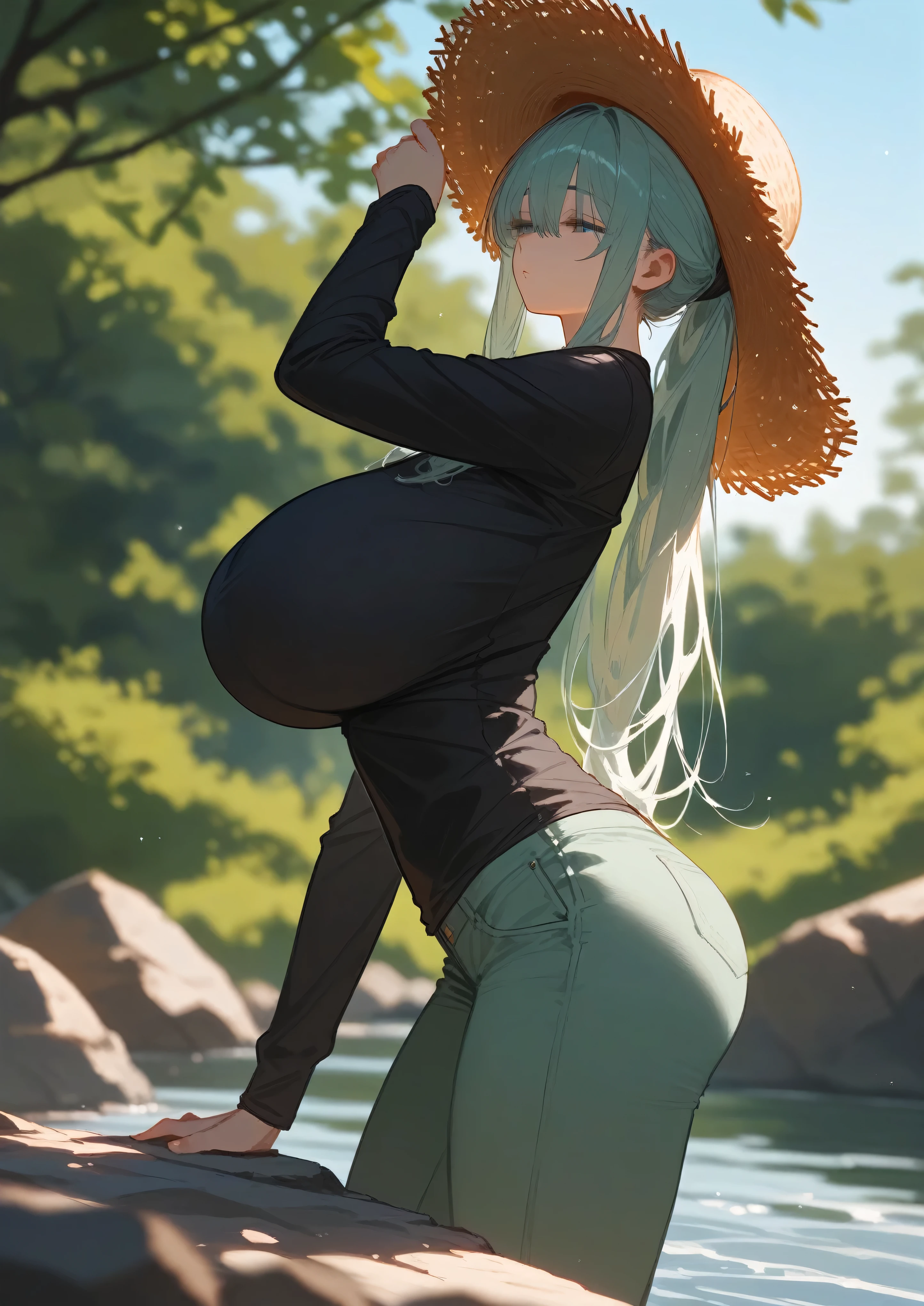 (score_9,score_8_up,score_7_up,score_6_up,score_5_up,score_4_up),,1girl, rororogi_mogera artstyle,, ponytail,  long hair, hair over eyes, half closed eyes, very huge breast, black shirt, long sleeves, green baggy_pants, straw hat, bent over, leaning forward, hangging breasts, very huge breast, curvy, thigh, thick, milf, riverside, rocks, tree, shallow water blue sky, depth of field, masterpiece, best quality, cinematic realistic light and shadow, high key lighting, (balanced photo, balanced exposure), view from sideway, from below, cowboy shot, pov
