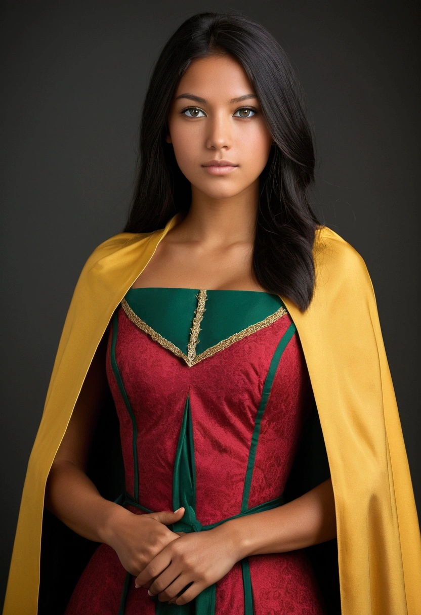 Beautiful woman with tan skin, 23 years old, from the year 1848 but dressed in a simple cape and dress that highlights a perfect body and beautiful breasts., with Apache and English features, green eyes and black hair, long and straight.