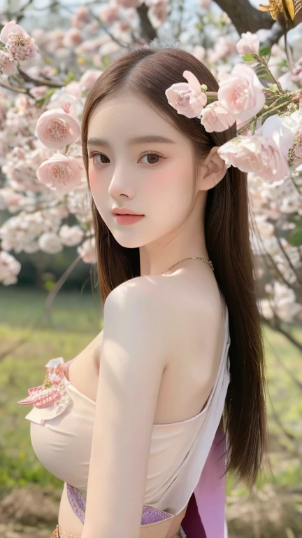 beautiful girl, Slender face, Beautiful sharp eyes., long hair, model face, Beautiful makeup, 18 years old, (ชุดไทยnude)., big breasts, very big breasts, white skin, In a field of pink and red flowers, Very high detail, 8k, evening light, Portrait, Face focus, stand, nude
