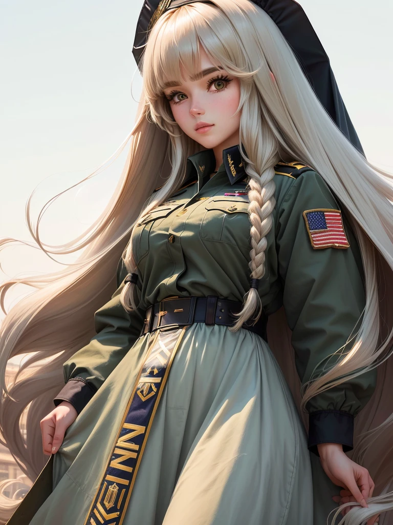 A two-dimensional long-haired girl wearing a US Army general's costume standing in front of a tree, Close-up portrait, world war 2 portrait photo, Dressed as a soldier, Close-up portrait shot, Portrait N-9, Wearing military uniform, Wearing military uniform, Wearing military uniform, She wears a short skirt on her lower body,White Silk,She wears a short skirt on her lower body,White Silk,She wears a short skirt on her lower body,White Silk,Long blond hair,Long blond hair,Long blond hair,Second dimension girl,Second dimension girl,Firm gaze,Head raised slightly