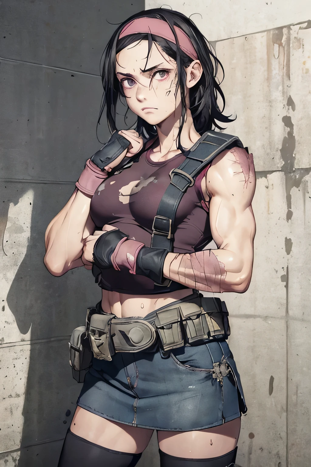 score_9, score_8_up, score_7_up, 1boy, solo, (male:1.5), male focus, male body, 7rtifa, red eyes, black hair, short hair, earrings, crop top, suspenders, pleated miniskirt, black thighhighs, arm guards, elbow gloves, fingerless gloves, impacted by pink ray, looking at you, dark futuristic city,