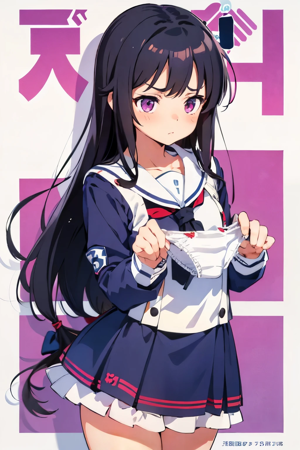 , 8 years old, toddler Fblack hair, lr, purple eyes Embarrassed look A plain white short-sleeved sailor suit Navy blue mini skirt Holding white panties in hand Panties are spread with both hands ((I can see her panties)) School classroom Are standing Dynamic Angle Low - Angle