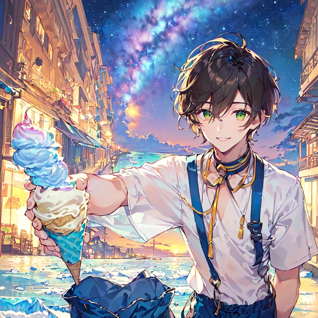 masterpiece, best quality, high quality, extremely detailed, (1 male handsome age 25 solo: 1.5), (short short hair up to neck, bangs up to eyes: 1.5), (hair color brown), (eyes yellowish green: 1.3), 8 head tall, slender (summer fashion pants: 1.3), (holding ice cream: 1.3), (dynamic pose), (cool smile: 1.3), (background seaside: 1.3) ,(Milky Way Night Sky:1.3), (upper body:1.3)