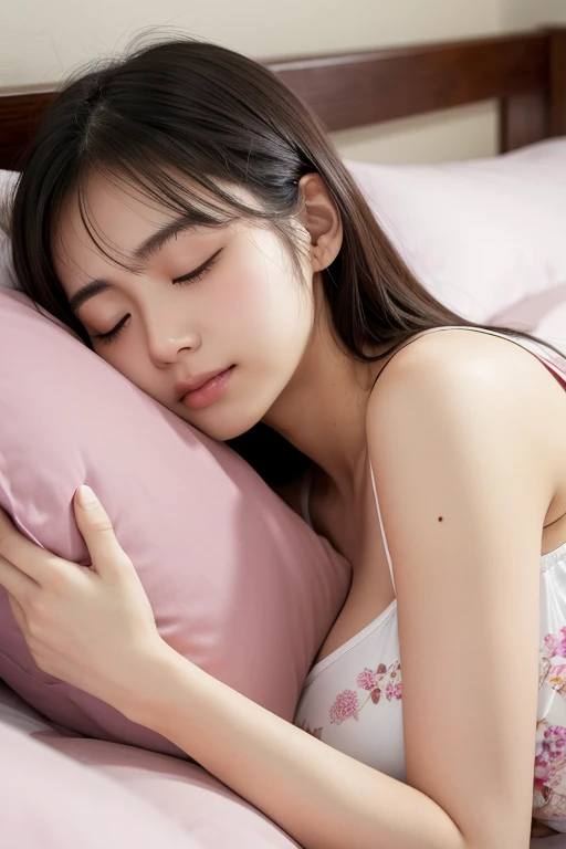 1girl, japanese, pillow hug, sleeping, lying, sweat, mole on breast, RAW photo, best quality, masterpiece, ultra high res, realistic, bed sheet,