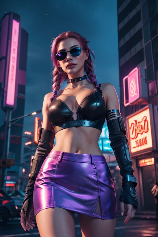 Taken from below, A Dystopian city with neon signs and holograms projected on buildings and sky, Beautiful woman with slim body shape, lip stick, Purple sunglasses, long red hair, twin braid, short skirt, Night, cyberpunk aesthetic, Highly detailed lighting, Dramatic, 8K, high-detail, Skin Texture, Realistic skin texture, armor, Best Quality, 超A high resolution, Photorealsitic, hight resolution, Detailed, Raw photo