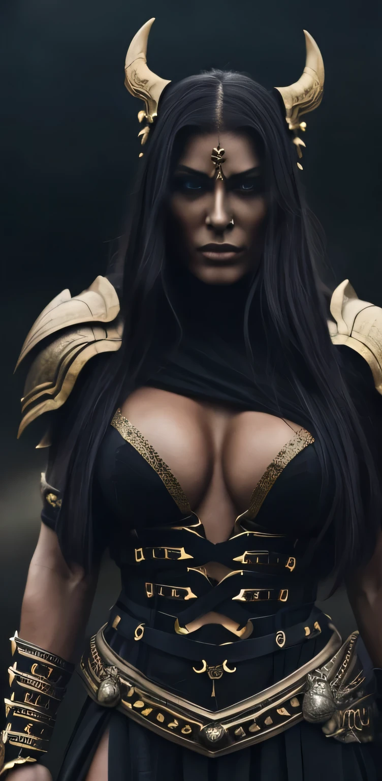A beautiful, powerful spartan warrior woman with expressive eyes, a perfect face, and highly detailed features, wearing a dark, dramatic fantasy-inspired outfit with black and gold accents, deep cleavage, and a massive bust, set against a dramatic, gloomy foggy night,