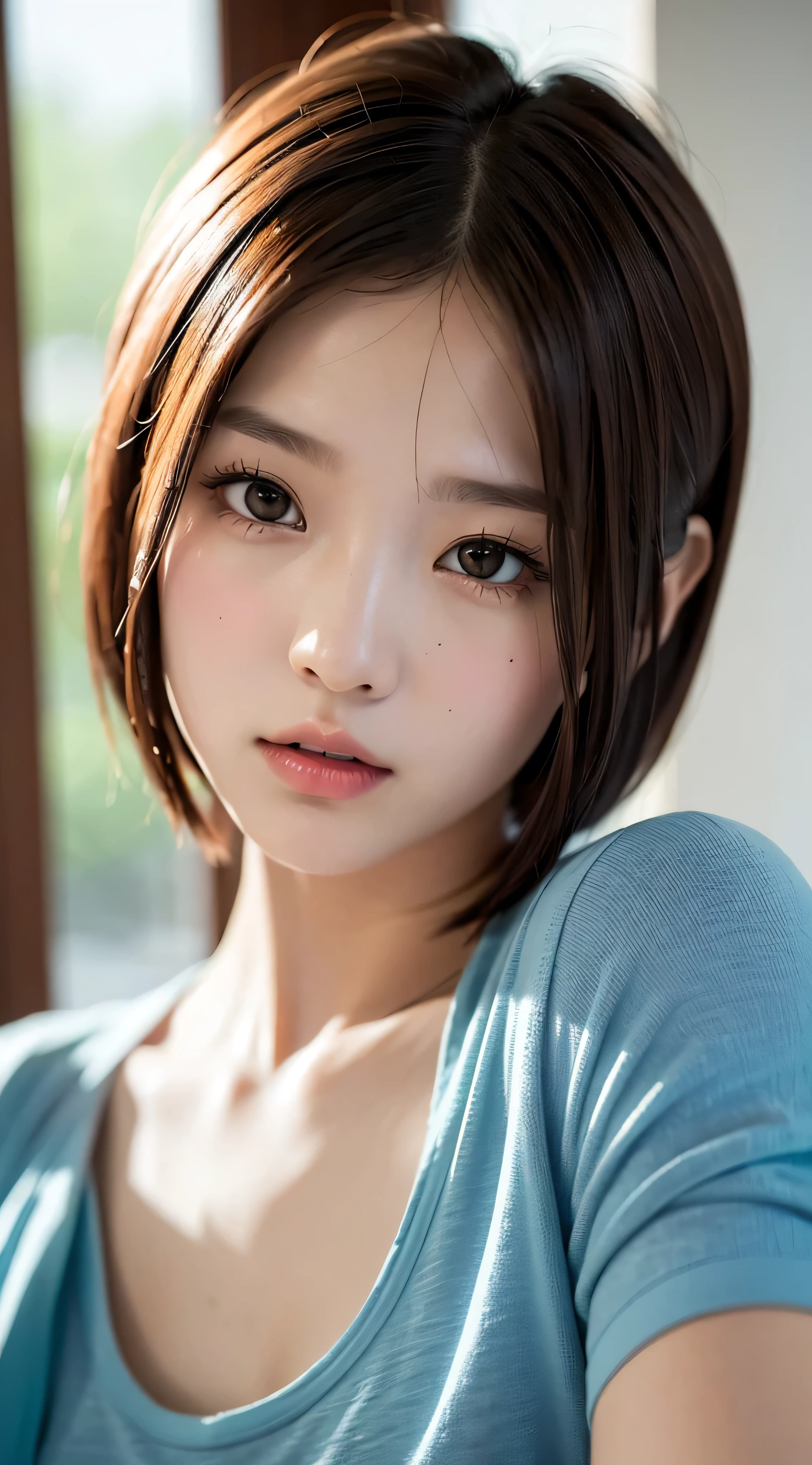 (phi:1.5), proximity, masterpiece, highest quality, Raw photo, photorealistic, face, Incredible phinsense, beautiful girl, cute, short hair, Depth of bounds written, High resolution, Very detailed, detailed, Quite detailed, extremely detailed eyes and face, sharp pupils, realistic student, sharp focus, Kinesiology,Tattered and torn clothes、overexposure、sad expression、beautiful skin