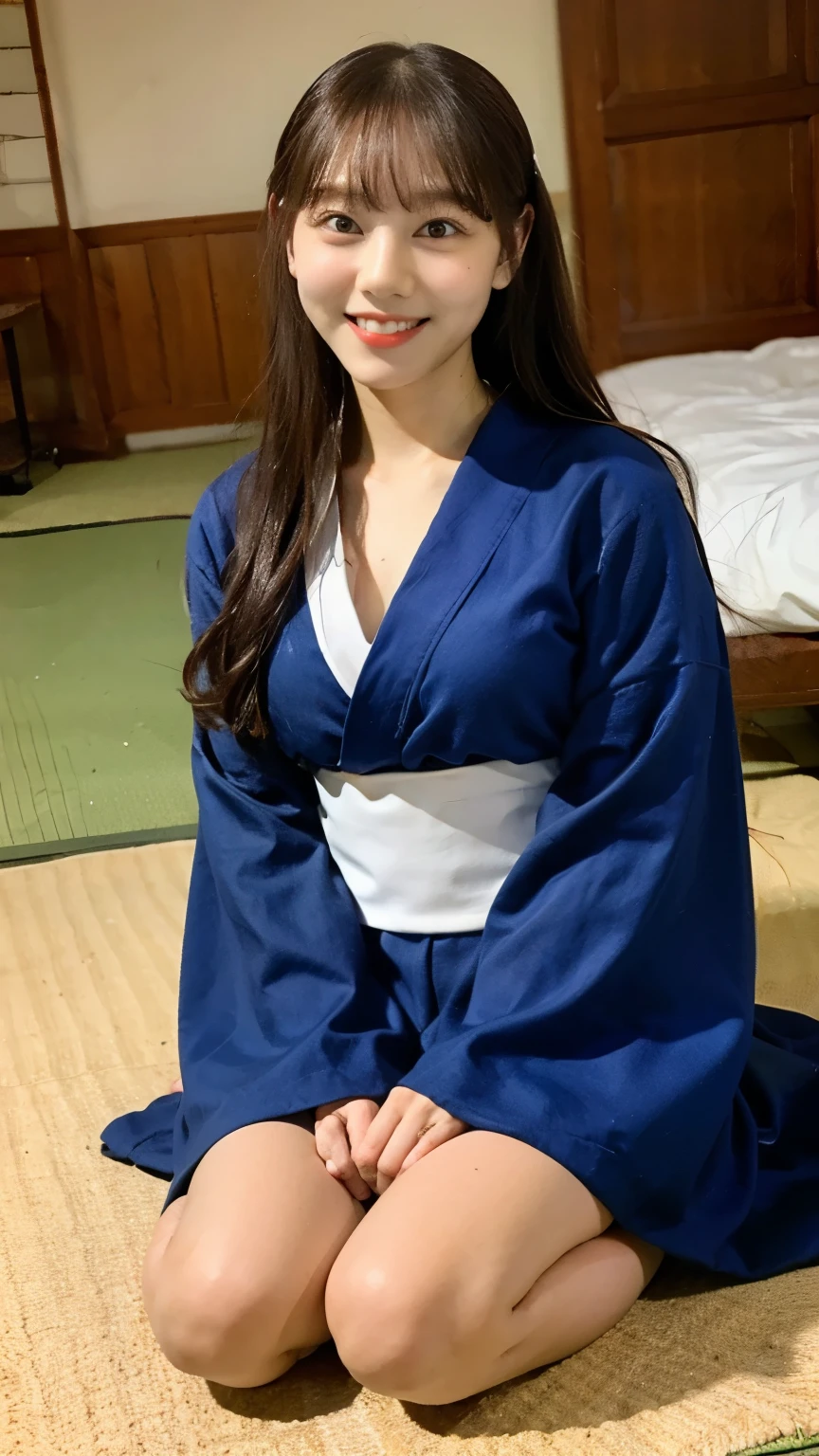 (8k、RAW Photos、Highest quality、masterpiece:1.2)、((night、Dark Room、Japanese-style room、smile:1.5))、((Flat Chest、kimono:1.3))、(Realistic、Realistic)、1 girl、(Enlarge your face、On the bed))、cute