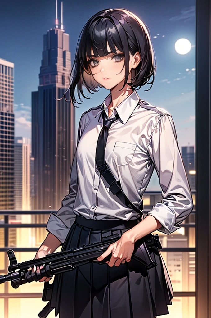 (((Woman firing an automatic rifle,excluding visual,Detailed depiction of an automatic rifle))),Synchronize your gaze and body direction、(((Perfect Anatomy、Highest quality、Ultra - High resolution、High resolution、Extremely detailed CG、8k))),Cowboy Shot,1 female,alone、18 year old beauty,Japanese,((Beautiful, delicate face and grey eyes)),Black Hair,Short Bob Hair,Blunt bangs,Serious expression,(Medium chest,Slender body,Small Head,skinny),(Glowing Skin油性肌,Glowing Skin),(Female Soldier、White collared shirt、Pleated Black Tanning,Shooting stance,Skyscraper rooftop、At night、moonlight,