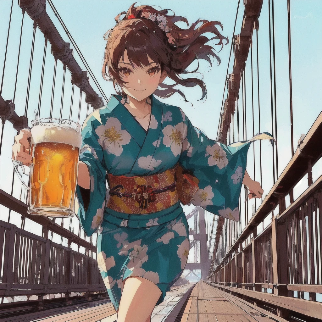 a woman in a kimono outfit beer in hand on a bridge, suspension bridge,アニメの女の子がdrinking beer,smile, anime style 4k yen, beer in hand!!, Anime atmosphere, Makoto Shinkai and Artgelm, drinking beer, 80s anime style,I&#39;m drinking beer, 4k yen manga wallpaper, Soda themed girl, Ilya Kuvshinov. 4k yen, Have a beer, anime wallpaper 4k