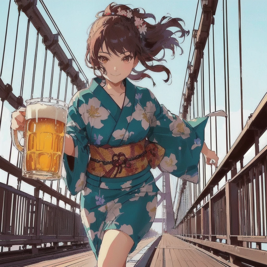 a woman in a kimono outfit beer in hand on a bridge, suspension bridge,アニメの女の子がdrinking beer,smile, anime style 4k yen, beer in hand!!, Anime atmosphere, Makoto Shinkai and Artgelm, drinking beer, 80s anime style,I&#39;m drinking beer, 4k yen manga wallpaper, Soda themed girl, Ilya Kuvshinov. 4k yen, Have a beer, anime wallpaper 4k