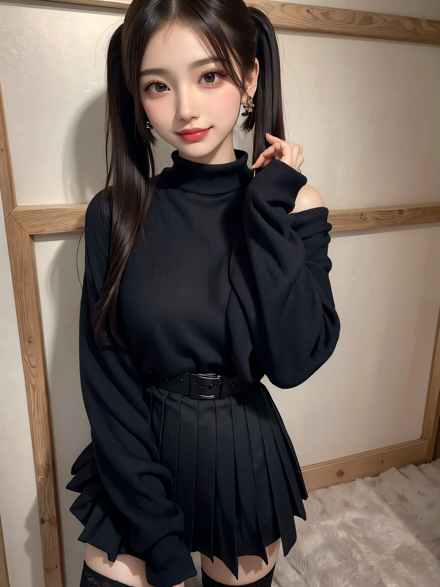 Kujikawa Def,Twin tails,,Seraph of the Black,Long sleeve,skirt,Knee socks,jewelry,Earrings,Are standing,
Highest quality, Very detailed, masterpiece, Absurd,8k, photoRealistic, Realistic,Detailed skin texture,Detailed pupil,High resolution,Natural light,
One girl,alone,(Happy:1.1),(smile:1.2),short hair,Brown Hair,(Angular face:1.2),Shining Face,Large Breasts, Tight waist, Lip Makeup,