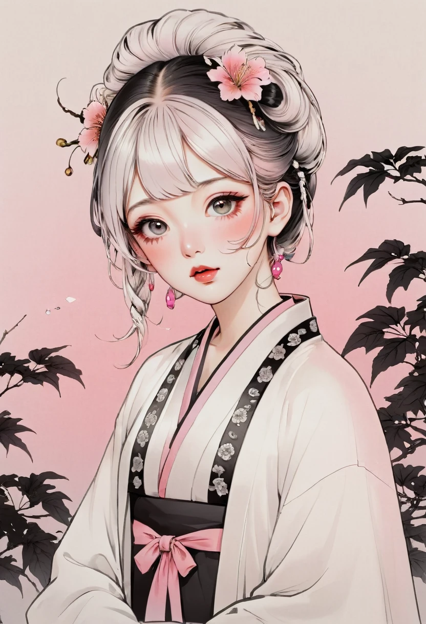 (best quality, sketch:1.2),realistic,illustrator,anime,1 girl, detailed lips, kimono,custom, white and pink gradient background,neon hair,textured cropping, masterpiece, style retro classic, noir style 、An illustration、art、70s horror movie posters, Supervised by Junji Ito、High detail, Realistic Shadows、Analog Style, chromatic aberration, Surrealism、Complementary Gradient