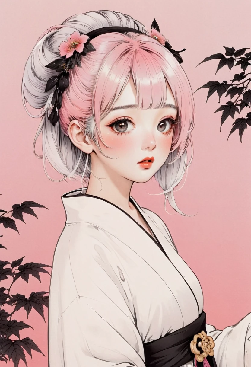 (best quality, sketch:1.2),realistic,illustrator,anime,1 girl, detailed lips, kimono,custom, white and pink gradient background,neon hair,textured cropping, masterpiece, style retro classic, noir style 、An illustration、art、70s horror movie posters, Supervised by Junji Ito、High detail, Realistic Shadows、Analog Style, chromatic aberration, Surrealism、Complementary Gradient