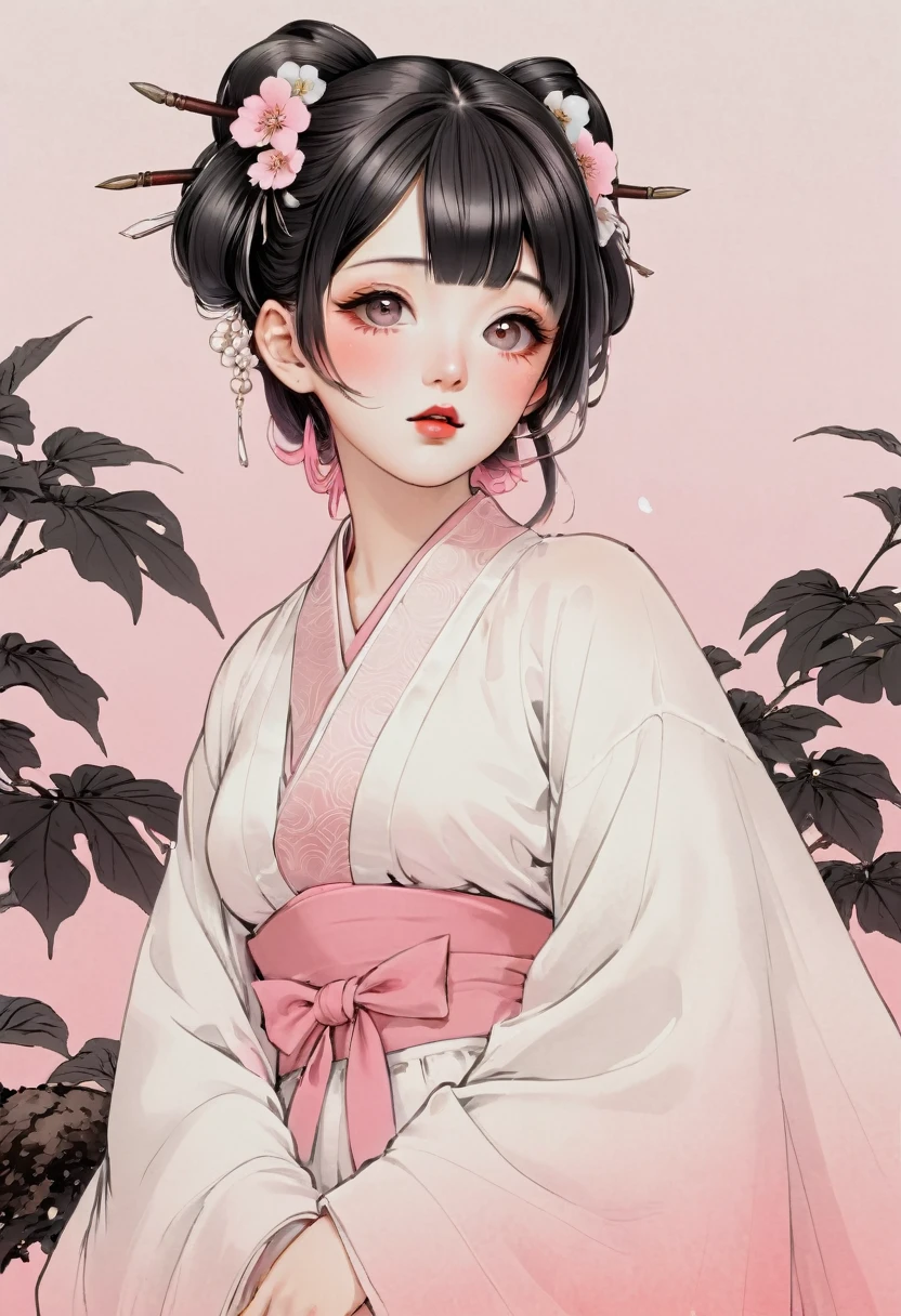 (best quality, sketch:1.2),realistic,illustrator,anime,1 girl, detailed lips, kimono,custom, white and pink gradient background,neon hair,textured cropping, masterpiece, style retro classic, noir style 、An illustration、art、70s horror movie posters, Supervised by Junji Ito、High detail, Realistic Shadows、Analog Style, chromatic aberration, Surrealism、Complementary Gradient