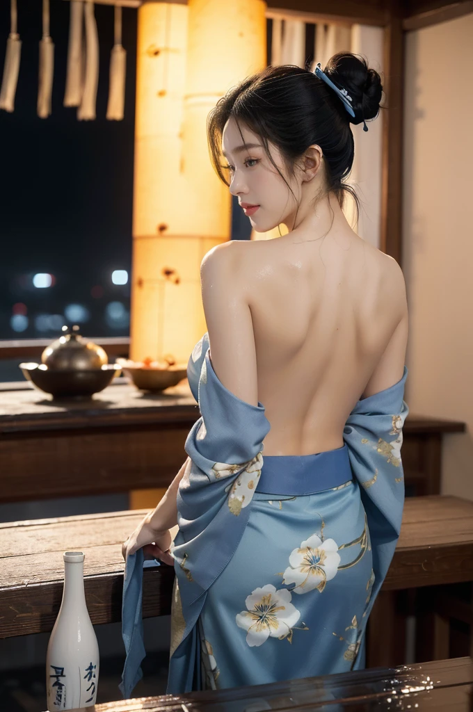 (((best quality))),(((ultra detailed))),(((masterpiece))),illustration,((1 beautiful Japannese girl,solo)),((slim,thin)),((shoulder off,strapless,bare back,towering hips,butt crack)),(in izakaya:1.3),(summer:1.2),(rainy:1.3),(indoor:1.2),(night scene:1.3),(wet:1.3),(blue floral kimono:1.3),neat bun,porcelain skin,rouge,dimly lit,warm glow,ethereal,(standing beside the table:1.3),sake bottle,half-empty glass,tray,grilled fish,steamed vegetables,half-eaten,melancholic smile,storm,solitude,enigmatic aura,tranquility,chaos,simplicity,mysterious,captivating,((from back,upper body))