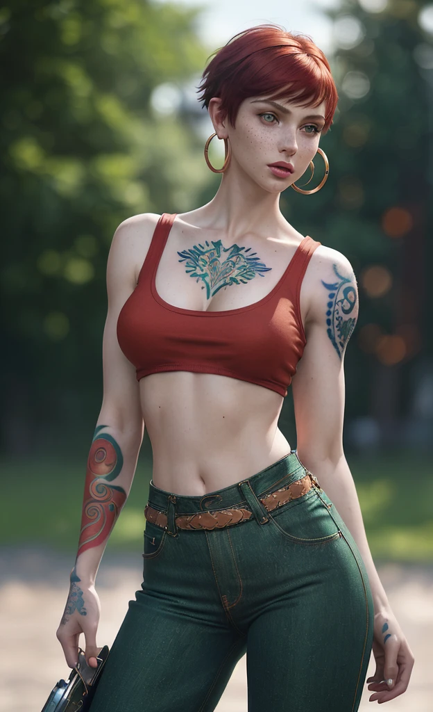 (masterpiece), (extremely intricate:1.3), (realistic), hoop earrings, pale skin, dyed red hair, shoulder length haircut with bangs, portrait of a girl, slim and toned body type, cute freckles, green eyes, beautiful makeup, red eyeshadow, lipstick, (cute breasts:1.3), wide hips, big ass, small waist, the most beautiful in the world, (sleeveless t-shirt:1.1), (skin tight trousers:1.1), (colourful arm tattoos:1.3), detailed textures, outdoors, college campus, professional photograph of a stunning woman detailed, looking past at the camera, sultry stare, detailed eyes, sharp focus, dramatic, award winning, cinematic lighting, octane render unreal engine, volumetrics dtx, (film grain, blurry background, blurry foreground, bokeh, depth of field, motion blur:1.3)
