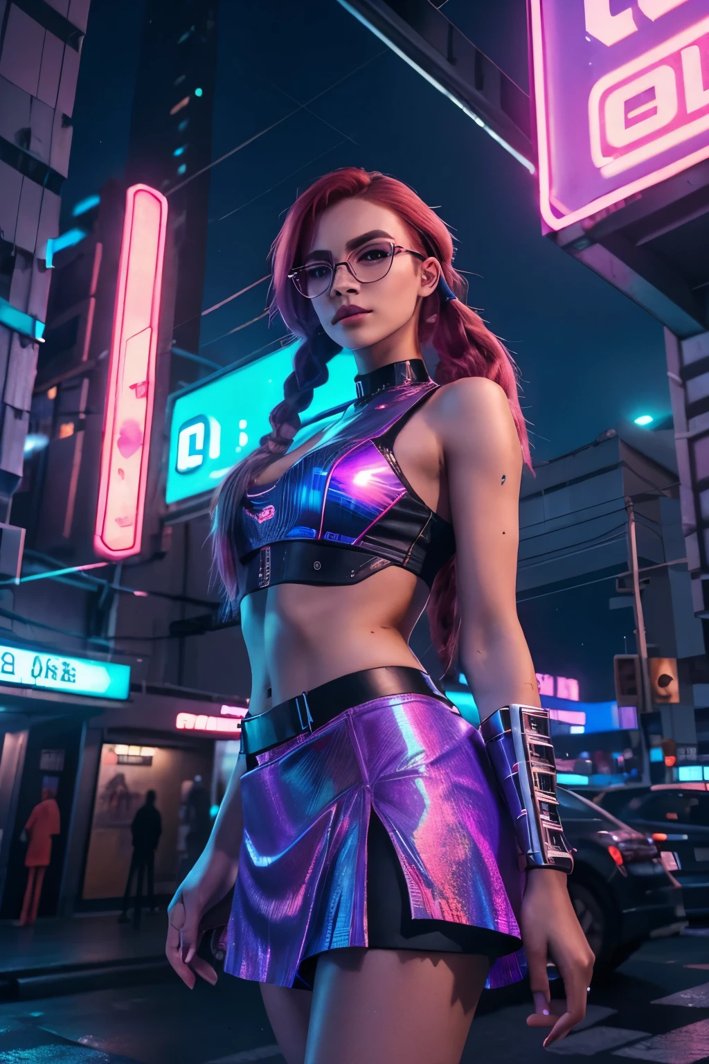 Taken from below, A Dystopian city with neon signs and holograms projected on buildings and sky, Beautiful woman with slim body shape, lip stick, Purple glasses, long red hair, twin braid, short skirt, Night, cyberpunk aesthetic, Highly detailed lighting, Dramatic, 8K, high-detail, Skin Texture, Realistic skin texture, armor, Best Quality, 超A high resolution, Photorealsitic, hight resolution, Detailed, Raw photo