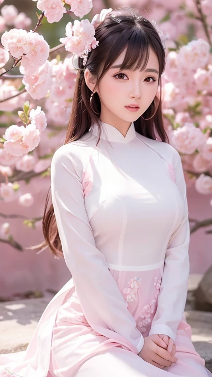 a close up of a woman in a white dress posing for a picture, a picture by Leng Mei, trending on cg society, beautiful south korean woman, ao dai, beautiful asian girl, a beautiful woman in white, korean woman, korean girl, in white clothes, beautiful young korean woman, beautiful asian woman, smooth white tight clothes suit, realism, high detail, masterpiece, accurate, textured skin, super detail, high details, award winning, best quality, 4K, ((pink flower blossom background))