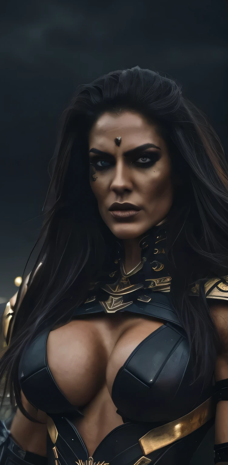 A beautiful, powerful spartan warrior woman with expressive eyes, a perfect face, and highly detailed features, massive perfect breast, muscular body,wearing a dark, dramatic fantasy-inspired outfit with black and gold accents, deep cleavage, and a massive bust, set against a dramatic, gloomy foggy night,