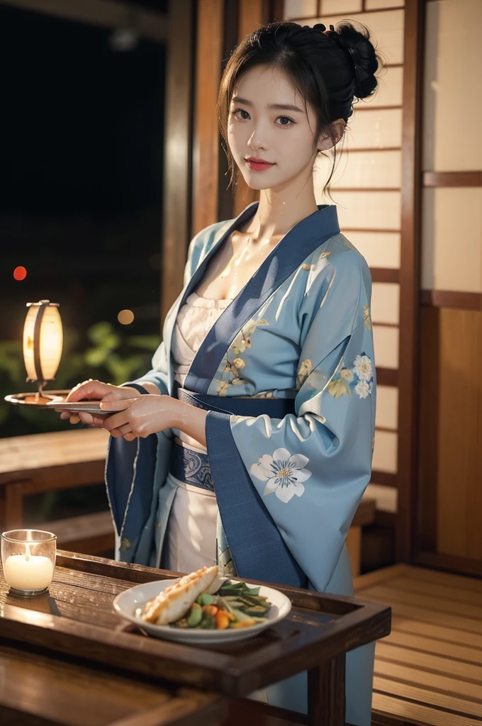 (((best quality))),(((ultra detailed))),(((masterpiece))),illustration,((1 beautiful Japannese girl,solo)),((slim,thin)),((small breasts,flat chest)),(in izakaya:1.3),(summer:1.2),(rainy:1.3),(indoor:1.2),(night scene:1.3),(wet:1.3),(collar:1.2),(blue floral kimono:1.3),neat bun,porcelain skin,rouge,dimly lit,warm glow,ethereal,(standing beside the table:1.3),sake bottle,half-empty glass,tray,grilled fish,steamed vegetables,half-eaten,melancholic smile,storm,solitude,enigmatic aura,tranquility,chaos,simplicity,mysterious,captivating,((from front,upper body))