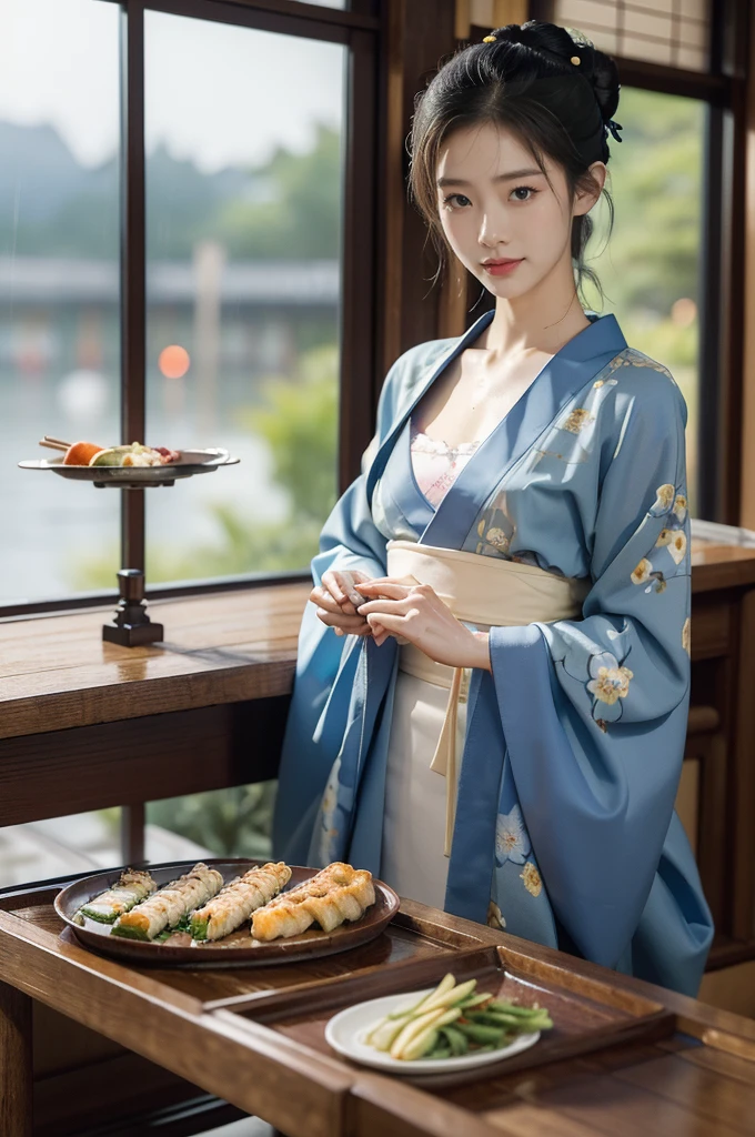 (((best quality))),(((ultra detailed))),(((masterpiece))),illustration,((1 beautiful Japannese girl,solo)),((slim,thin)),((small breasts,flat chest)),(in izakaya:1.3),(summer:1.2),(rainy:1.3),(indoor:1.2),(night scene:1.3),(wet:1.3),(collar:1.2),(blue floral kimono:1.3),neat bun,porcelain skin,rouge,dimly lit,warm glow,ethereal,(standing beside the table:1.3),sake bottle,half-empty glass,tray,grilled fish,steamed vegetables,half-eaten,melancholic smile,storm,solitude,enigmatic aura,tranquility,chaos,simplicity,mysterious,captivating,((from front,upper body))