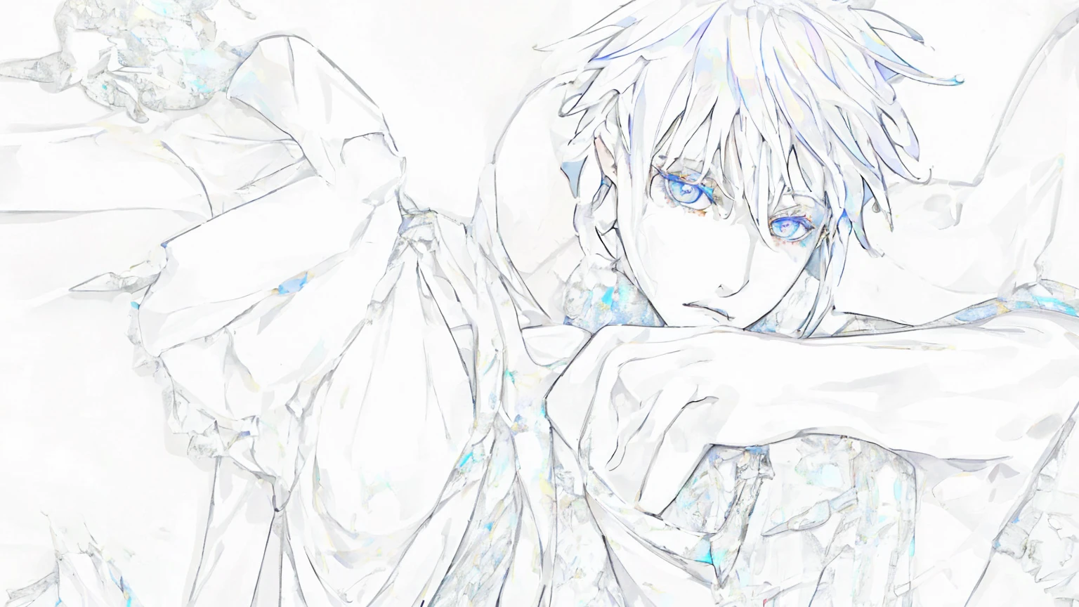male，White gorgeous military ceremonial uniform，yellow-white skin，White hair，Blue Eyes，Gemstones shine，Colorful，Character Prominence，Bioluminescence，dream light spot，Tyndall effect，Sense of story，The details are delicately described，Ultra-high definition，32K，HD，masterpiece，high quality，Yoneyama dance style，Coloring
