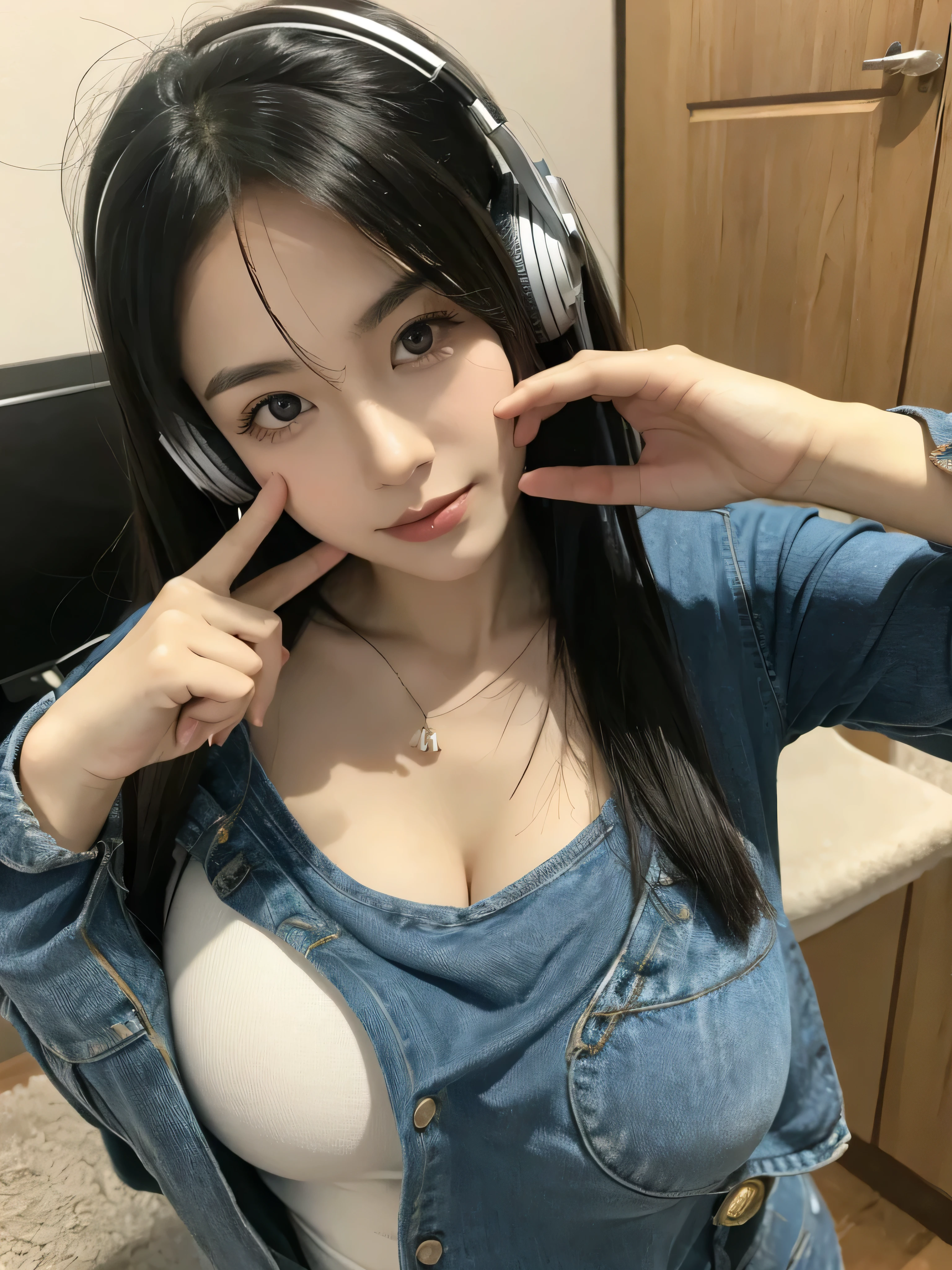 a beautiful and big breast asian, have headphone on her head, surprised expression on her face