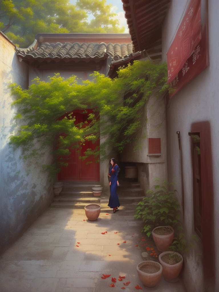 The painting shows a woman in a red dress walking down a narrow alley, author：Ye Xin, Li Song, Yu Zhiding, Inspired by Fenghua Zhong, by Zou Yigui, by Sheng Maoye, by Bian Shoumin, author：Lu Guang, Ding Guanpeng, by Zou Zhe, author：Ma Yuanyu