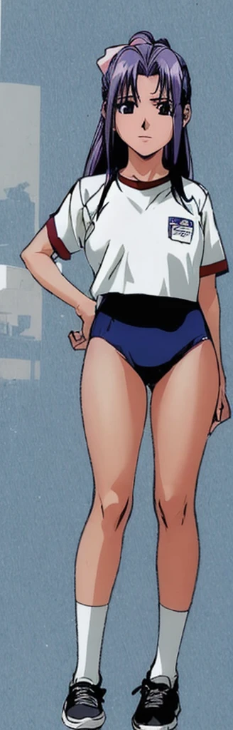 Momoko Koigakubo, a tall girl with beautiful legs, stands in a white gym uniform and light navy blue bloomers that look like panties.。