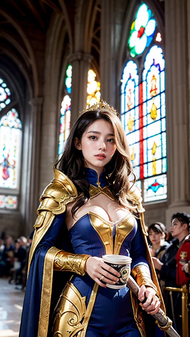 "Illustrate Poppy in her Battle Regalia skin from League of Legends by Riot Games, adorned in a regal, no having clothes,golden armor with a majestic cape and her mighty hammer, have massive k-cups, in a grand, ancient hall with banners and sunlight streaming through stained glass windows."